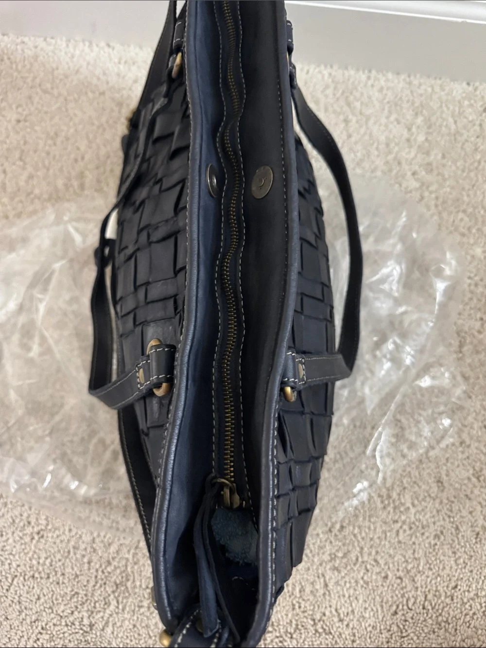 Sundance navy woven leather satchel with removable shoulder strap. NWT